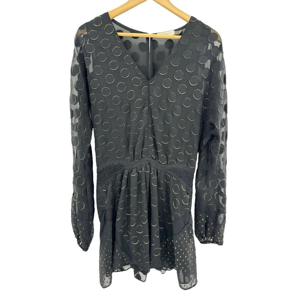 Ramy Brook Long Sleeve V Neck Polka Dot Mini Dress Black Womens Size Medium